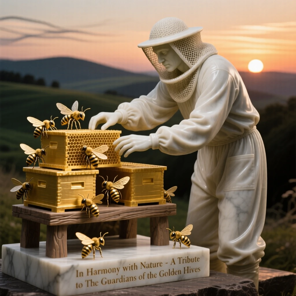 A beautifully composed image of a beekeeper tending golden hives at sunset, captured with cinematic depth and detail, full of atmosphere and visual storytelling