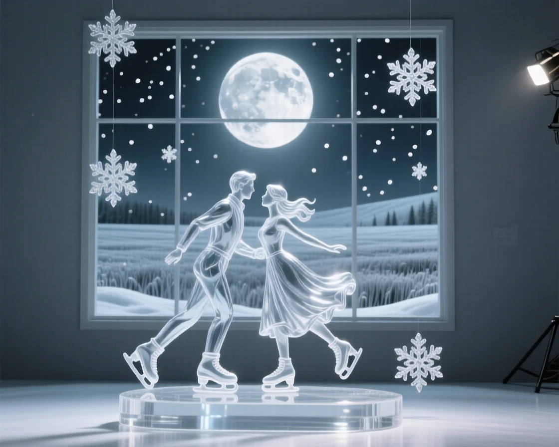 Beneath a harvest moon rising over the fields, a couple ice skating together beneath falling snow, while snowflakes drift slowly past the window