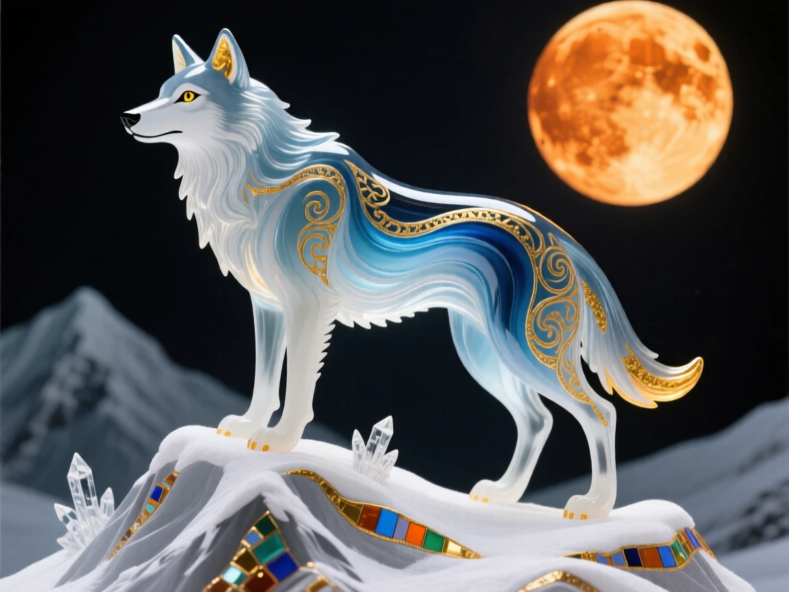 A lone wolf standing atop a snowy peak beneath a full harvest moon, wild and majestic.