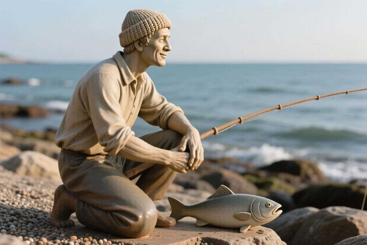 A fisherman gazing out toward the sea kneeling with quiet, contemplative stillness, with a serene, knowing half-smile, stirring nostalgia and heartfelt warmth.