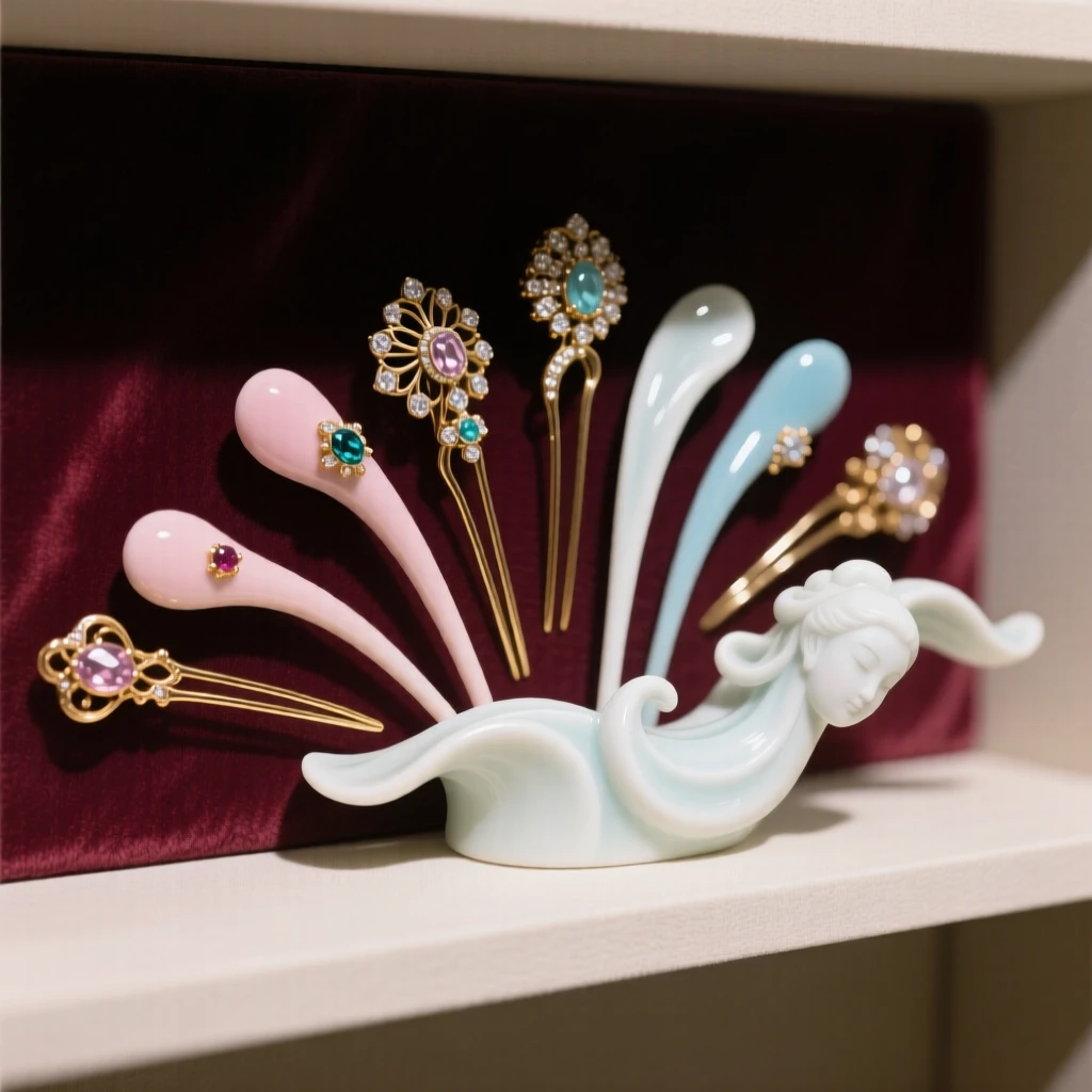 A collection of jeweled hairpins arranged on a velvet-lined shelf, evoking a sense of collected treasure.