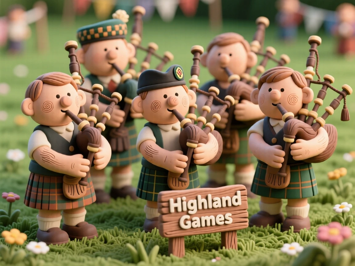 A group of musicians playing traditional bagpipes at a highland games