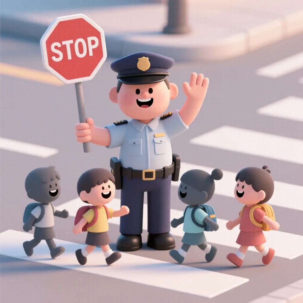 A cheerful crossing guard holds up a stop sign, waving a line of giggling students safely across the street.