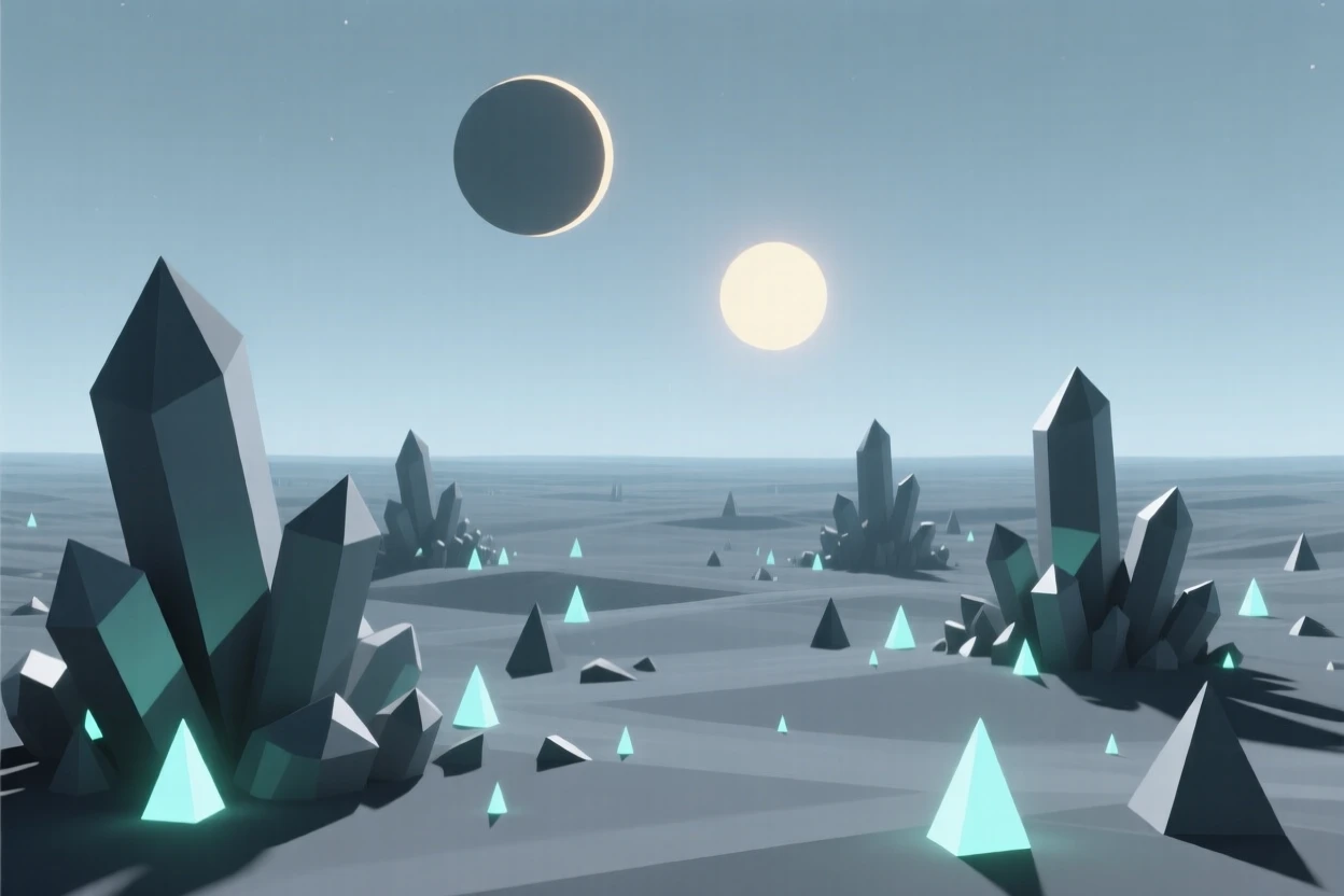 A crystalline alien landscape under twin suns, surrounded by glowing bioluminescent light. the scale of the scene emphasizes its vastness and wonder. A sense of quiet wonder fills the cosmos.