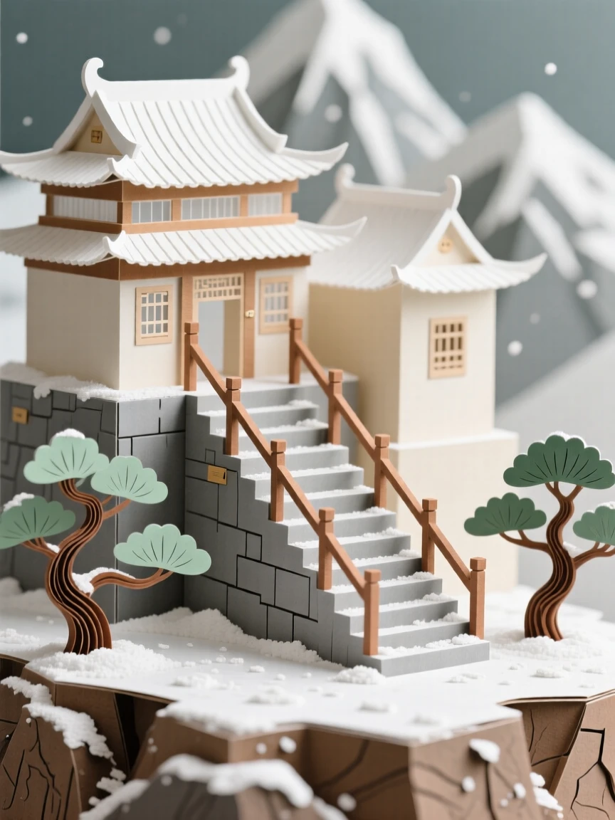 A serene mountaintop monastery dusted with a light layer of fresh snow, with a grand staircase sweeping through the center, capturing refined elegance and history.
