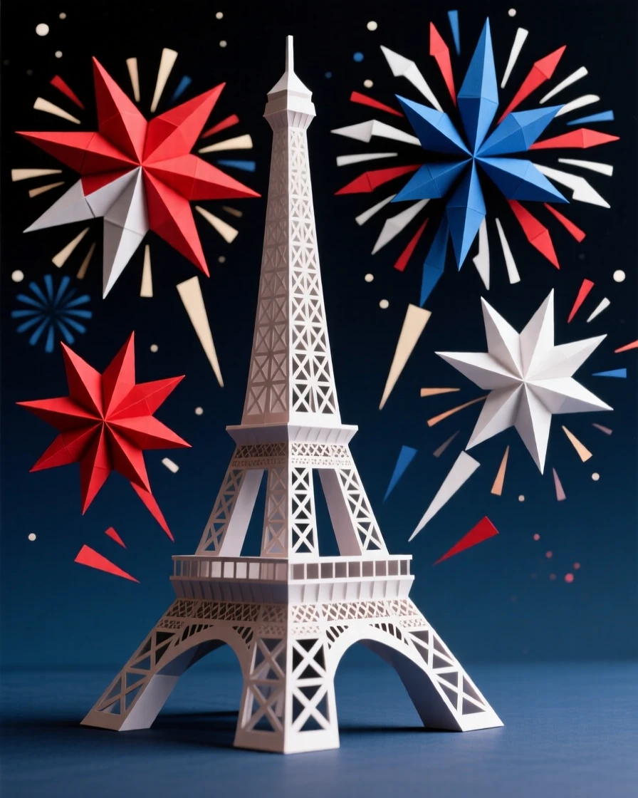 A Bastille Day fireworks display bursting over the Eiffel Tower at night.