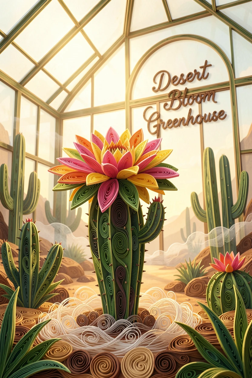 a blooming cactus flower in a desert landscape, in a greenhouse filled with soft filtered light, shot from a low angle looking up toward the light, under a light mist rising from the ground.