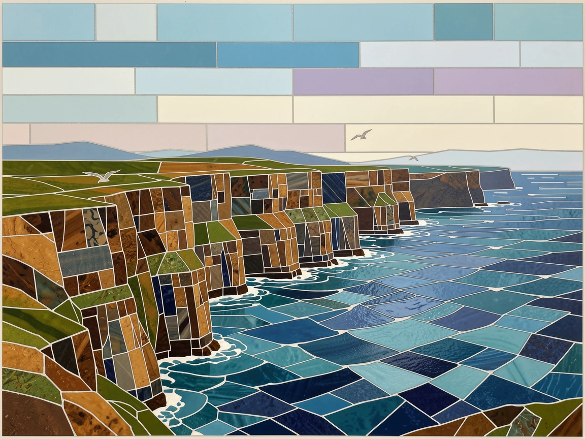 The dramatic cliffs of the cliffs of moher over the atlantic, viewed from a dramatic elevated vantage point.