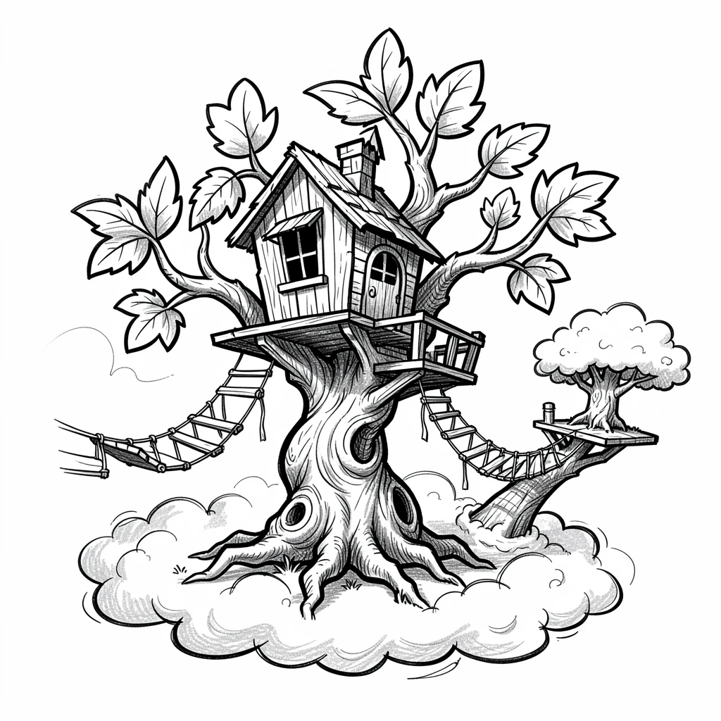 A treehouse connected by rope bridges on an island surrounded by fog.