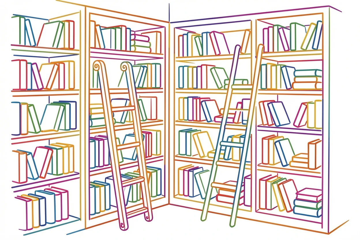 A cozy bookstore corner with tall shelves and a rolling ladder.