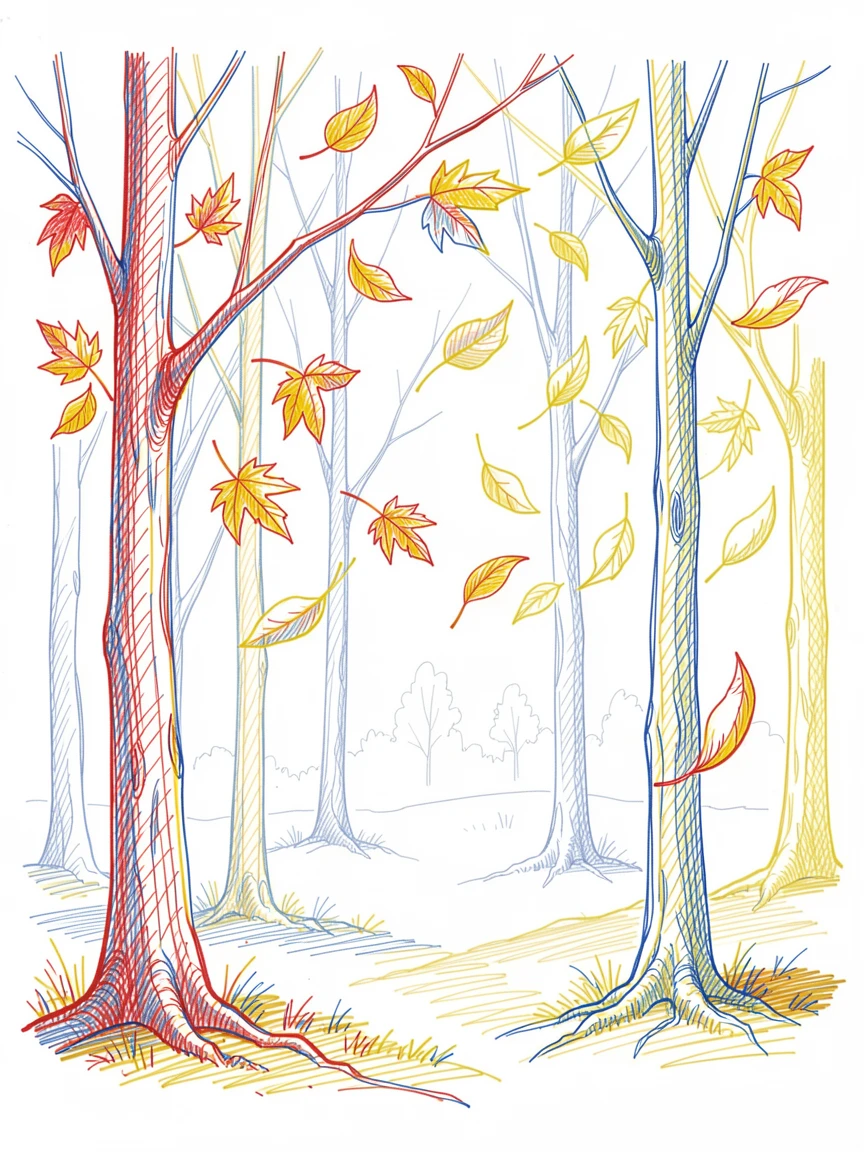 A vibrant autumn forest with leaves swirling in a gust of wind