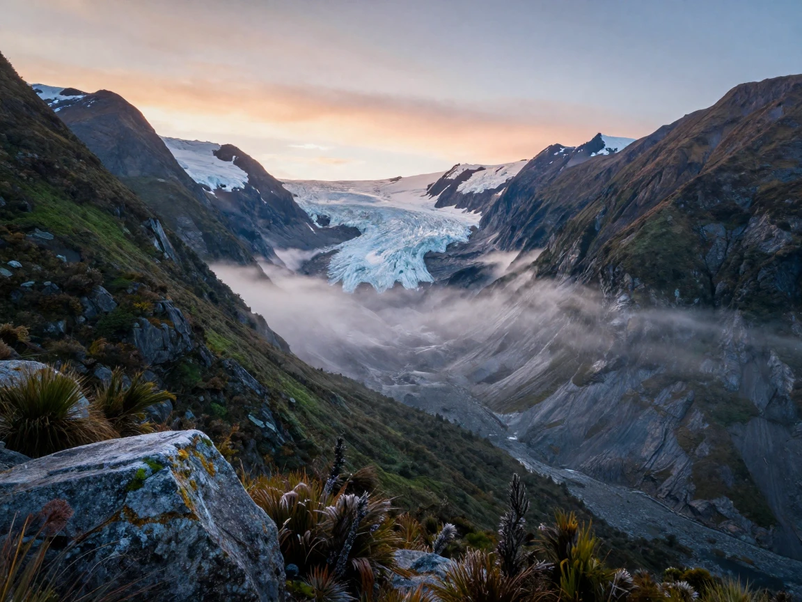 A Fiordland glacier valley shrouded in morning mist