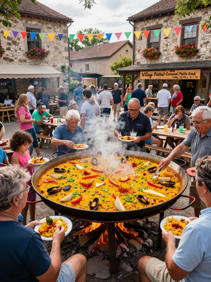 A crowd gathers for a giant communal paella cook at a village square festival.