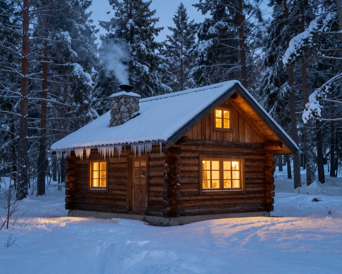 A cozy cabin nestled in snow-covered pines with warm light glowing from its windows