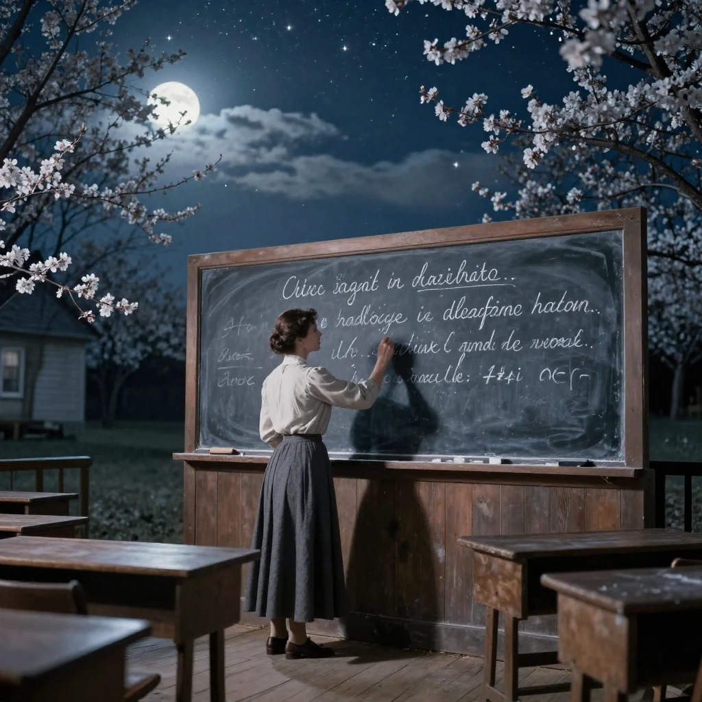 A schoolteacher writing on a chalkboard in a rural one-room school, under a canopy of stars, under scattered clouds, as spring blossoms unfurl, in cool blues and silvery greys, captured from a low angle looking up.