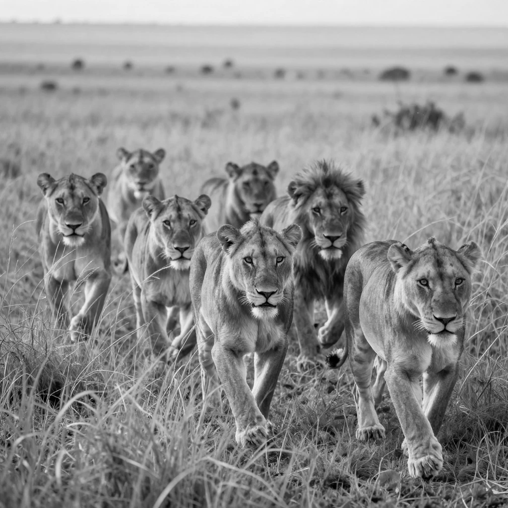 A pride of lions stalks silently through tall grass on the African savanna.
