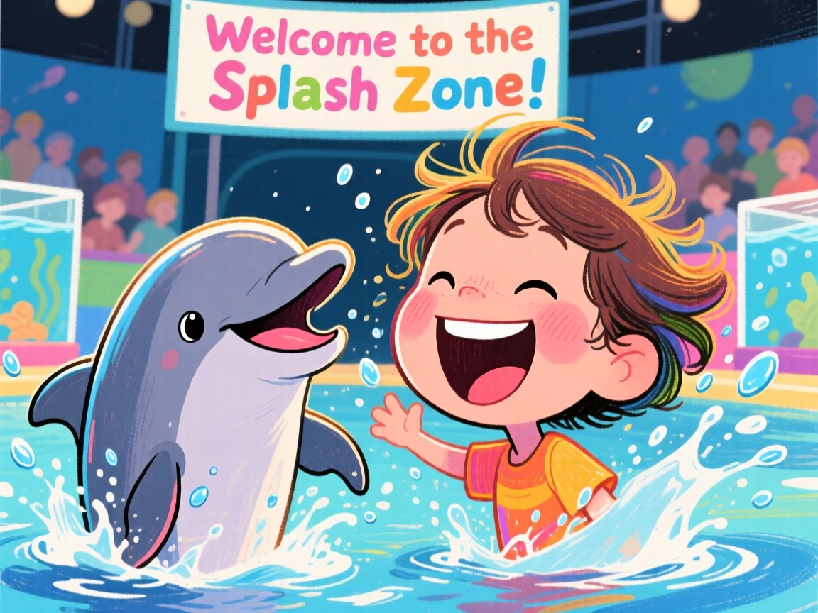 A child laughing as a friendly dolphin splashes water at an aquarium show.