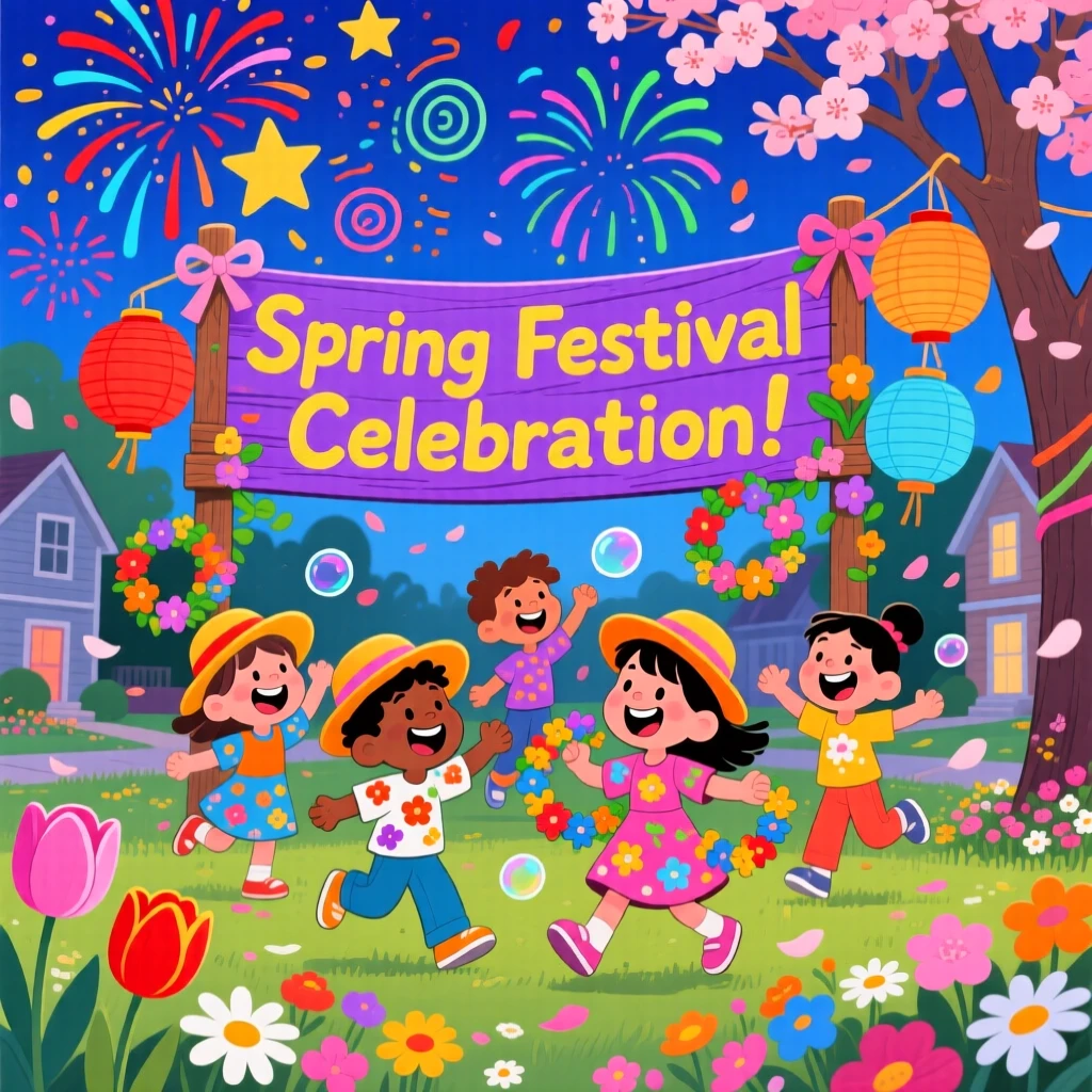 A festive celebration scene of neighborhood children celebrating a colorful spring festival with flowers everywhere, under a sky full of fireworks.