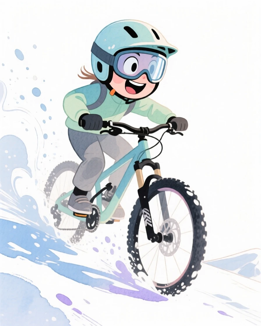 A mountain biker carving fresh powder down a snowy slope