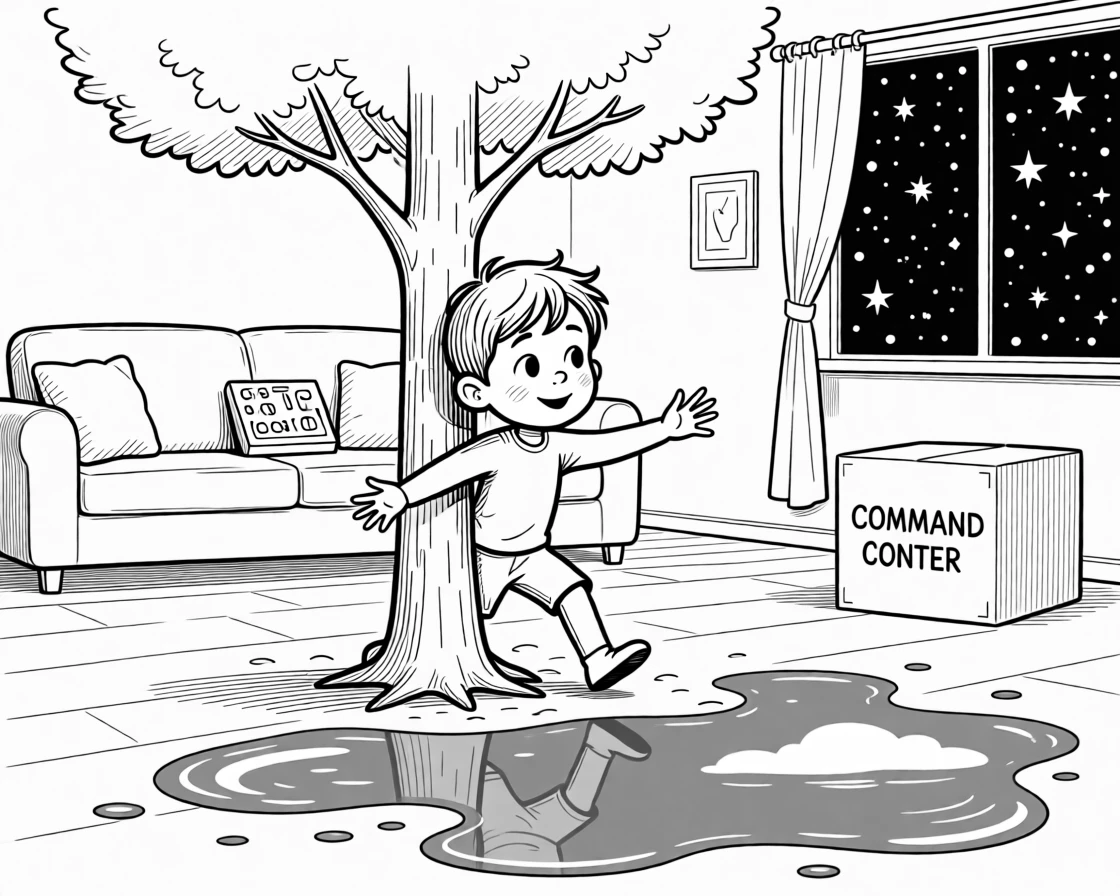 A child hiding poorly behind a too-small tree, wobbling forward with arms out for balance, set in a living room turned imaginary rocket ship. Rain puddles reflect a a bright blue sky. The scene captures the wild imagination only kids have.
