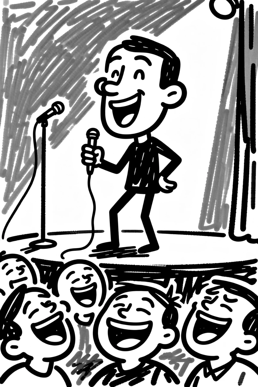 A stand-up comedian mid-punchline, audience doubled over with laughter in a cozy club.