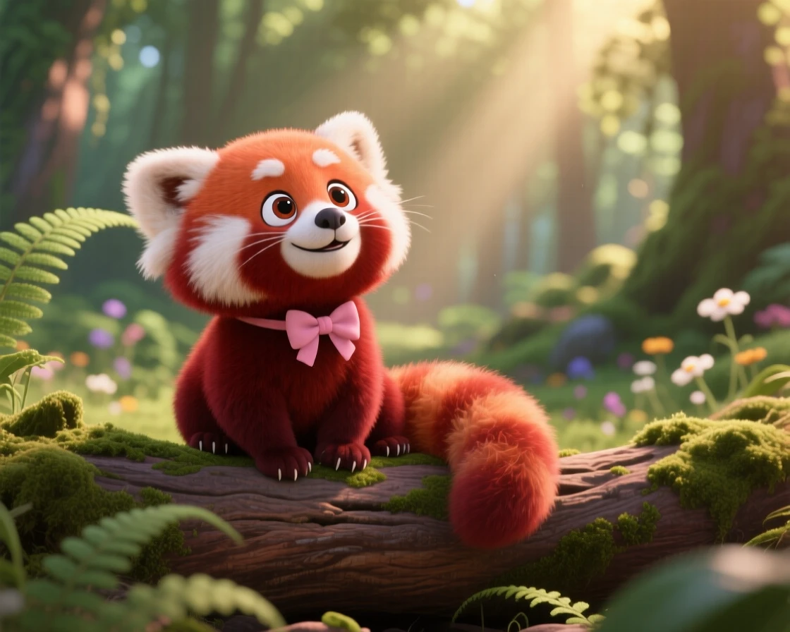 A baby red panda is perched on a mossy log in a quiet forest, looking up with big curious eyes. A quiet, comforting sweetness surrounds the scene, with a tiny bow tied around its neck.