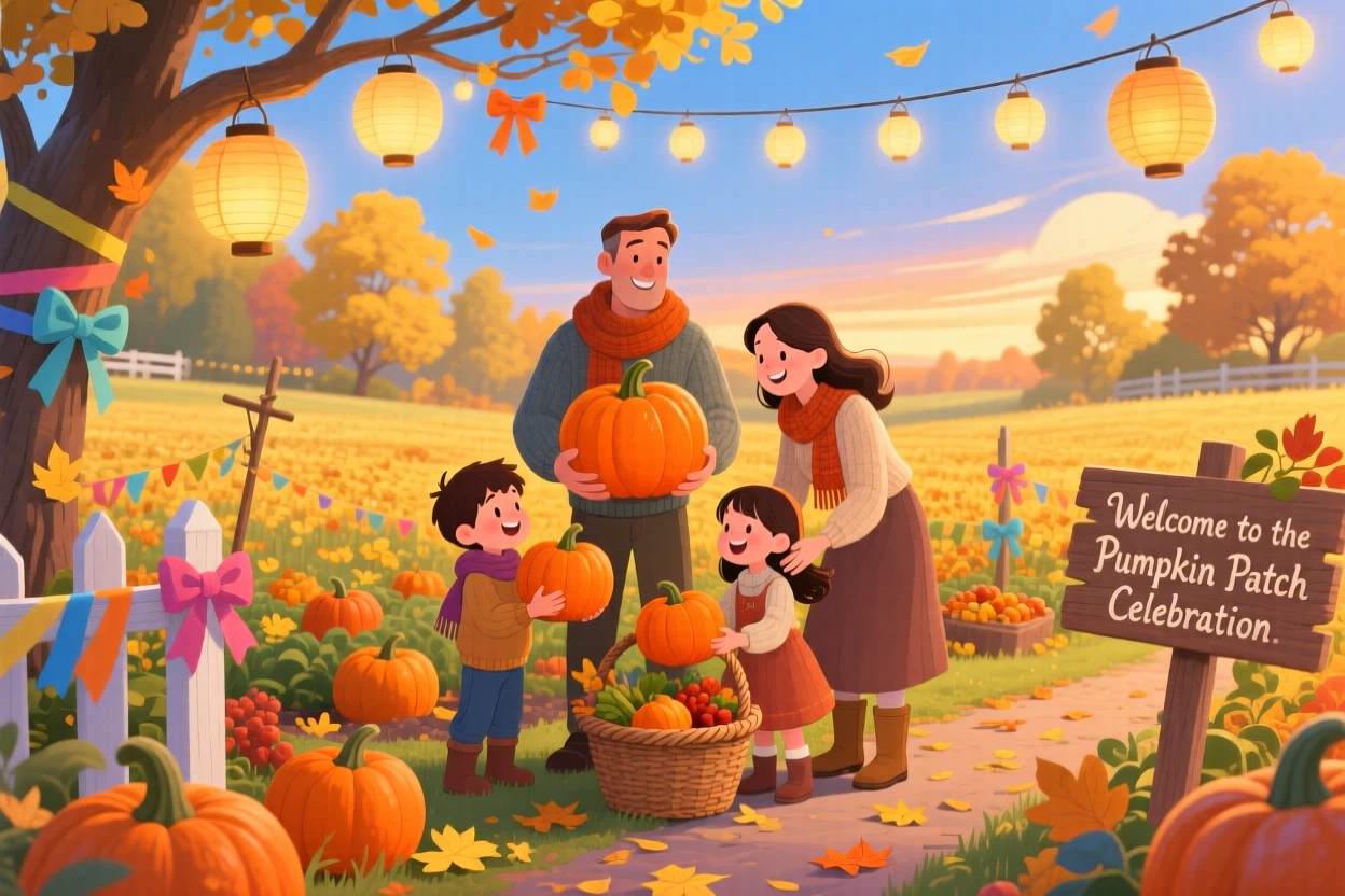 In a lantern-strung garden, a family gathered together celebrate together by harvesting pumpkins in a golden autumn field, while ribbons and bows decorate every corner.