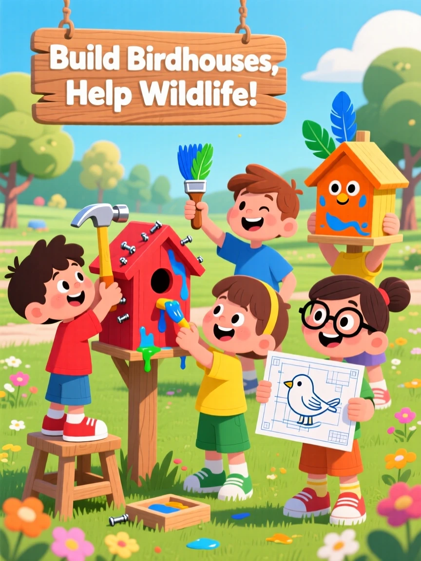 A group of kids building birdhouses to support local wildlife.