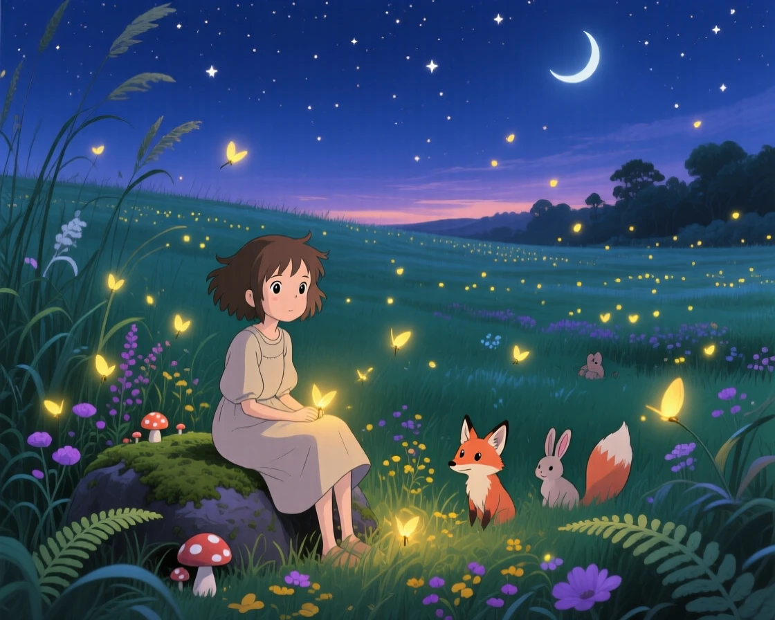 A nighttime scene of a firefly-lit meadow glowing softly after dusk, dreamlike beneath the stars.