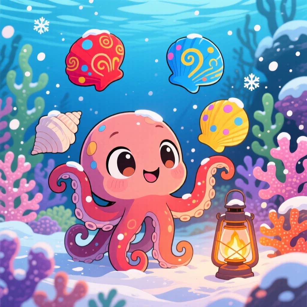 Extreme close-up: a curious octopus, juggling colorful shells, set against a coral garden seabed during a cozy winter snowfall, with cozy firelight and a mood of curious excitement.