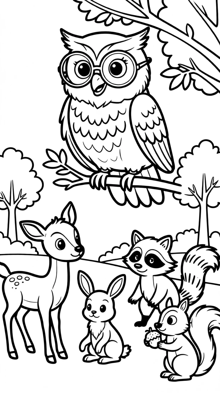 A wise old owl giving advice to a group of forest animals