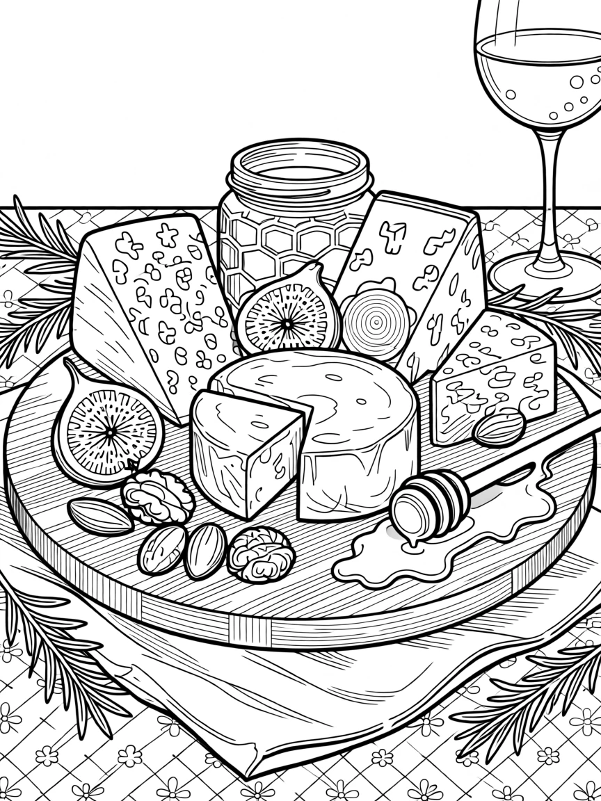 A gourmet cheese platter scene with figs, nuts, and drizzled honey.