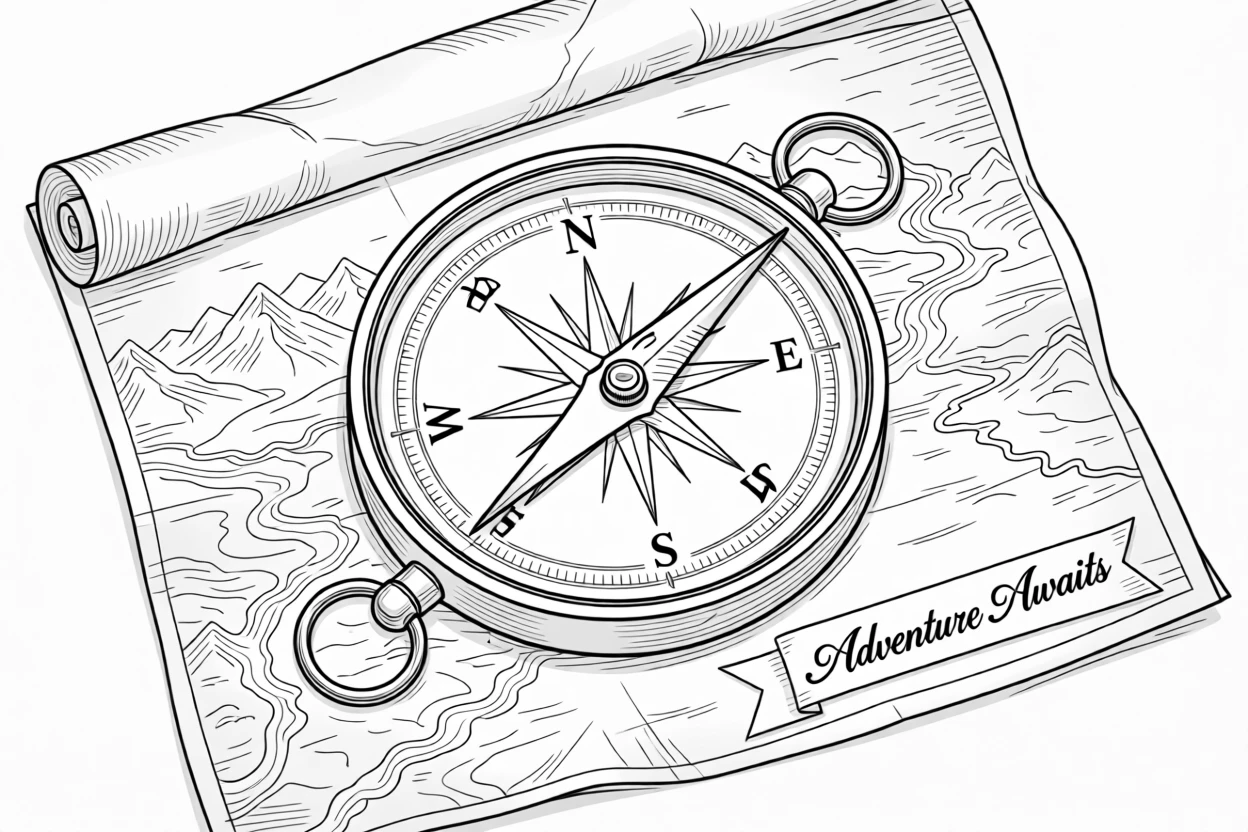 A compass resting on an old map symbolizing adventure