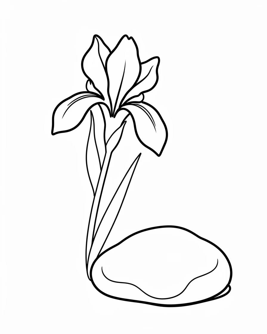 A single iris blossom unfurling its petals beside a garden stone