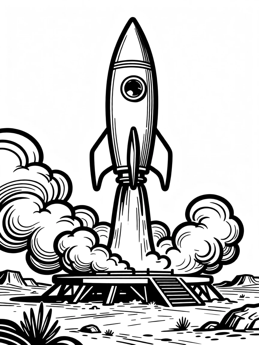 A retro rocket ship launching from a desert pad in a cloud of smoke.