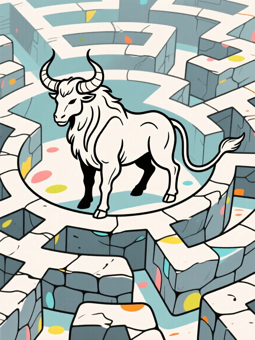 The Minotaur standing at the center of a stone labyrinth.