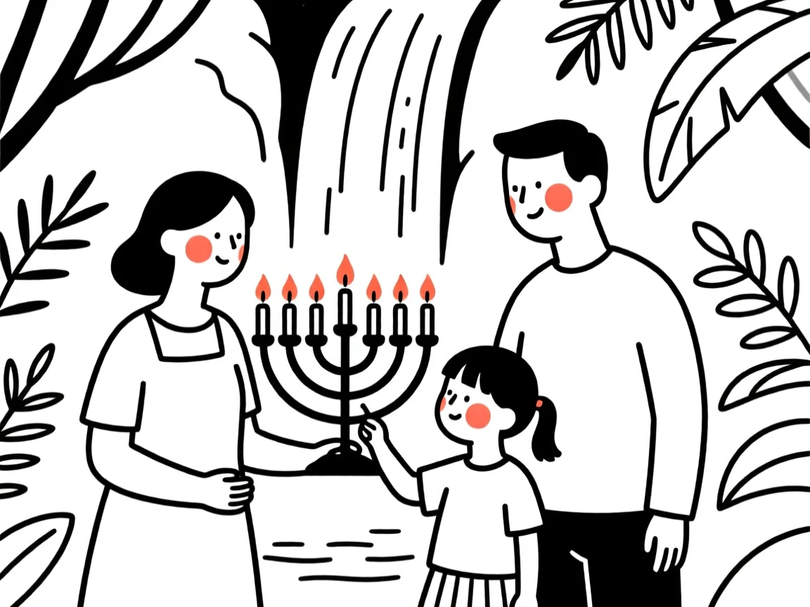 A family lighting a menorah for Hanukkah, by a waterfall in the jungle.