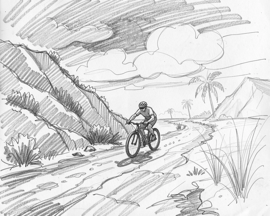 An energetic scene of a cyclist racing down a mountain trail on a sun-drenched tropical beach, with dramatic clouds rolling in overhead.