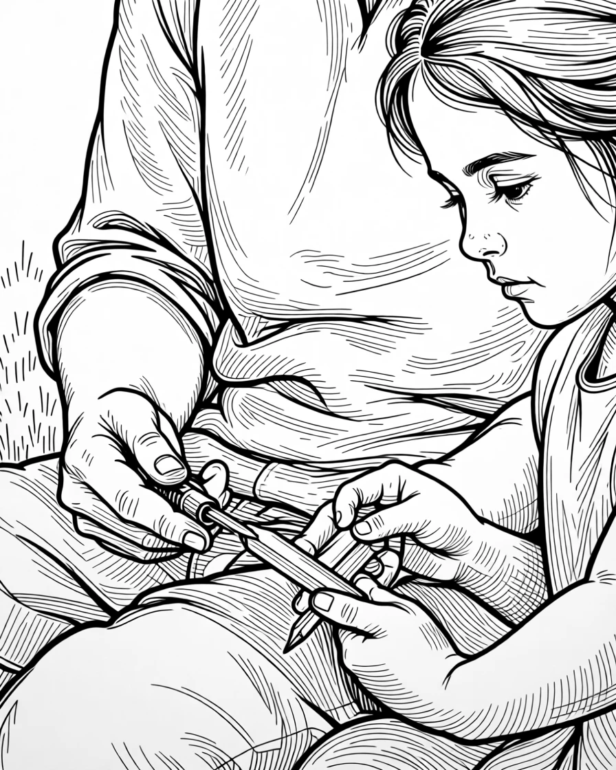 A man teaching his daughter to whittle a small piece of wood.