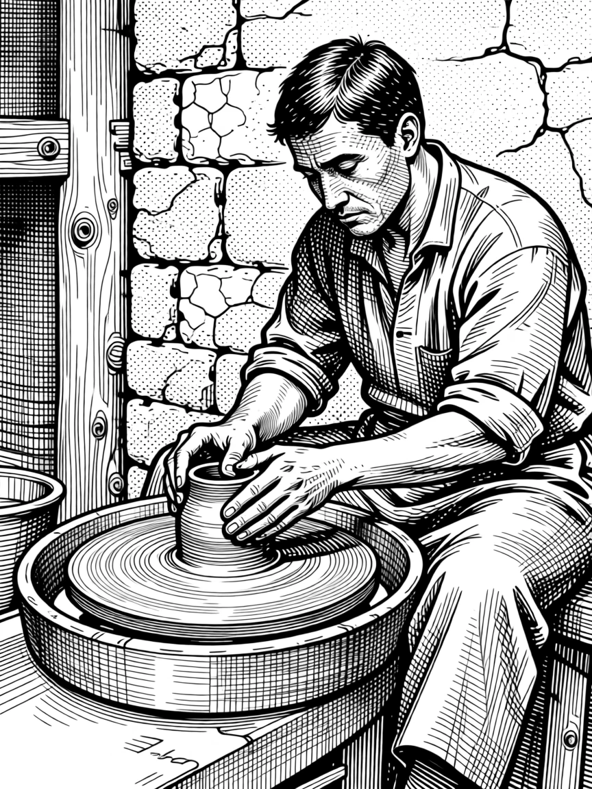 A potter shaping clay at a traditional wheel surrounded by ancient stone architecture, with the rich texture of aged stone and wood, portrayed in a warmly communal historical scene.