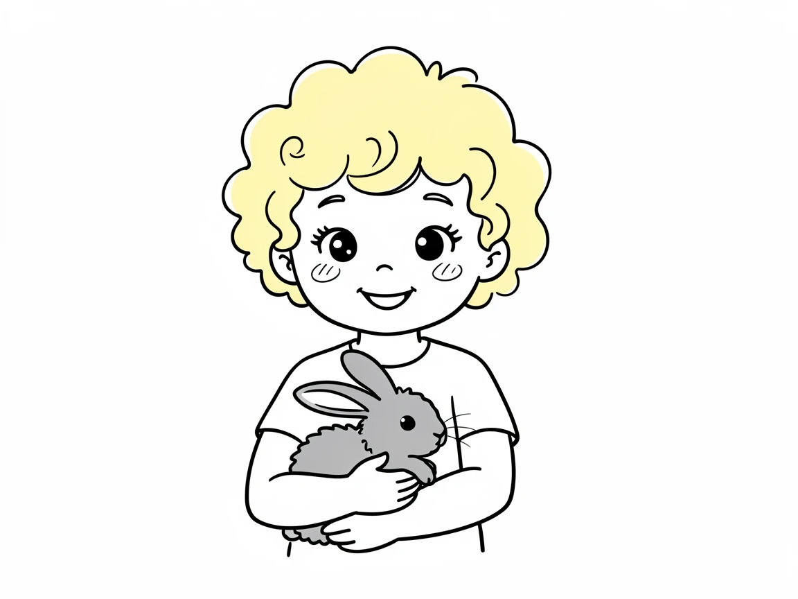 A young child with curly blond hair and bright eyes is smiling at the camera while gently holding a fluffy gray rabbit.