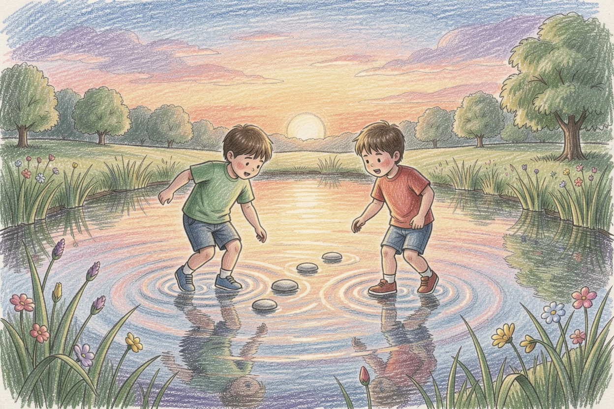 A quiet countryside pond with children skipping stones at sunset, with delicate details that reward a closer look, capturing a quiet story that lingers with the viewer.