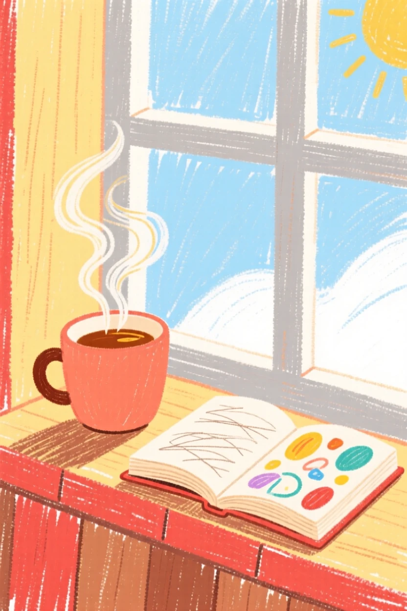 A cup of tea steaming beside an open book on a windowsill.
