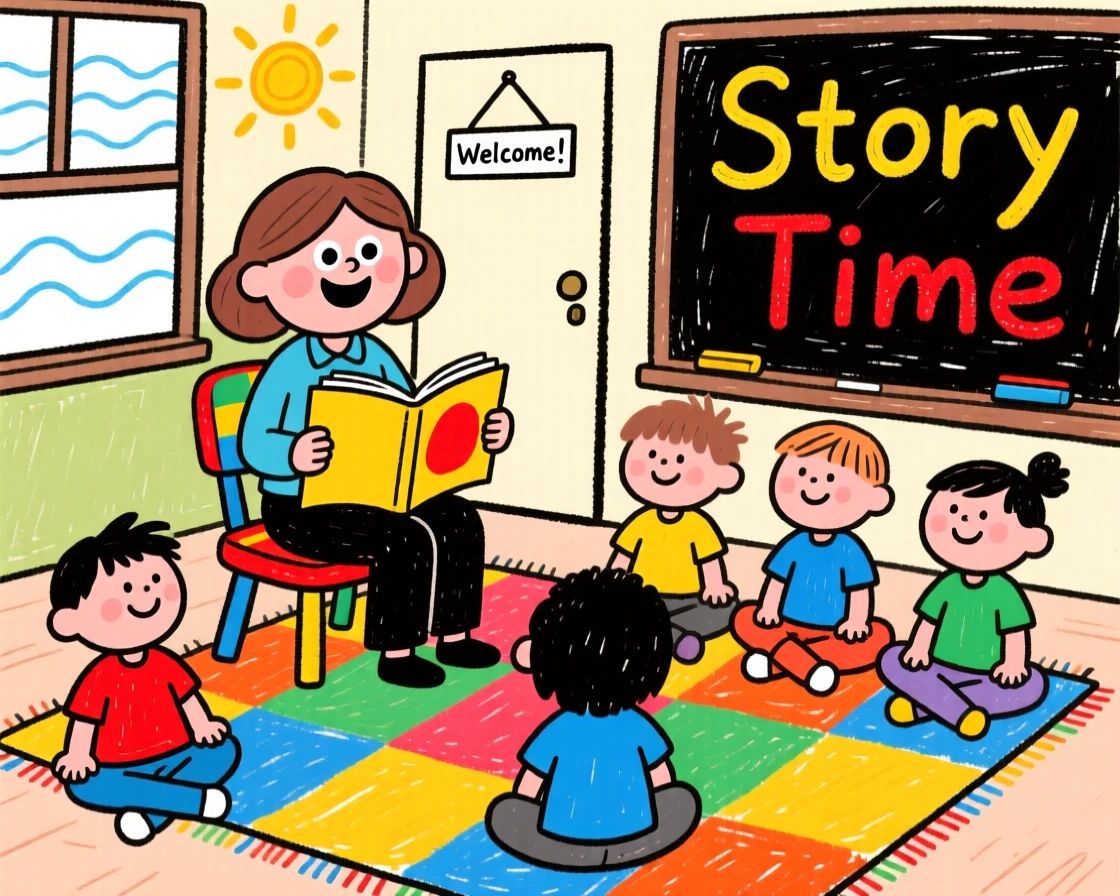 A teacher reading a story to a classroom of attentive children.