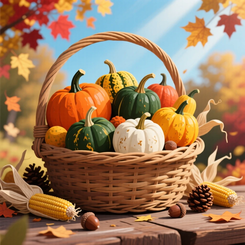 A basket of ripe autumn squash arranged for a harvest display, set against a backdrop celebrating the season's charm, composed to capture the unique charm of the season, with a fresh, crisp atmosphere throughout.