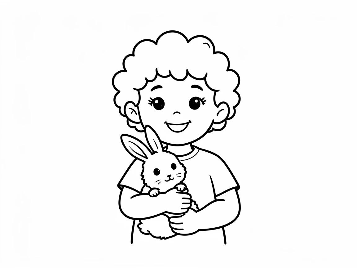 A young child with curly hair and bright eyes is smiling at the camera while gently holding a fluffy rabbit.