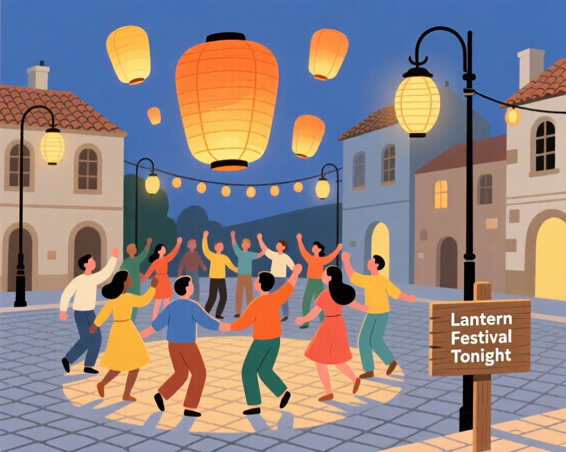 A lantern celebration with dancing crowds filling a small town square.