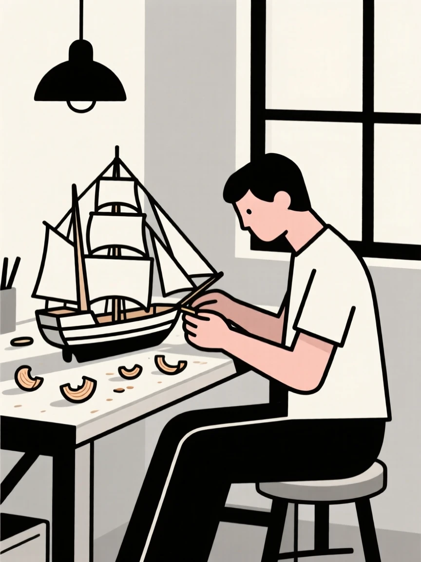 A person building a model ship in a cozy workshop, surrounded by wood shavings, showing creative flow.