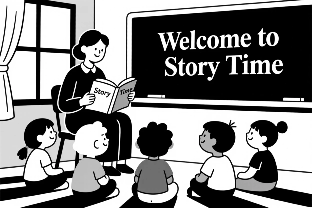 A teacher reading a story to a classroom of children.