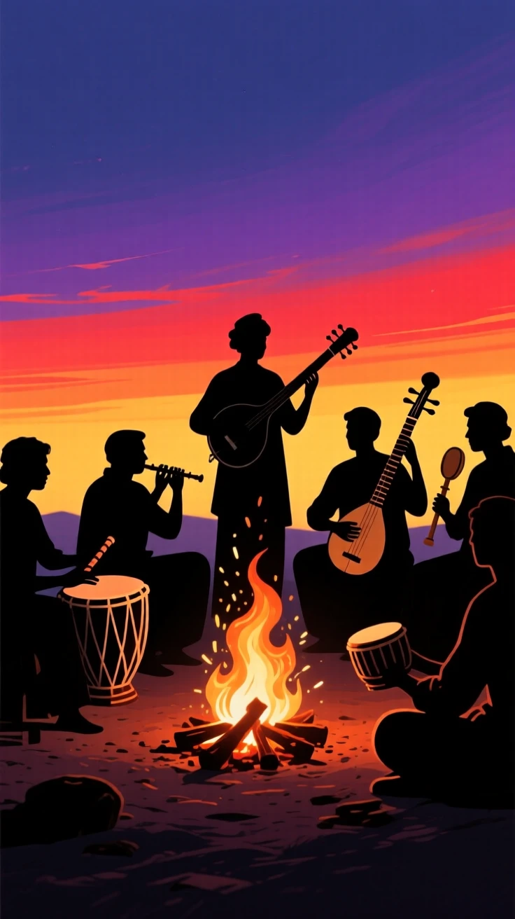 A group of musicians playing traditional instruments around a village fire.